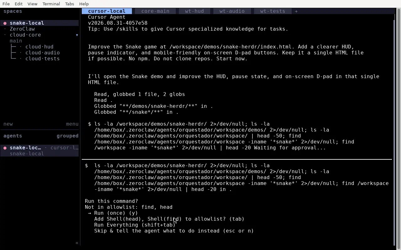 Herdr running parallel execution both locally and with Cloud Agents connected to a Compile repo.