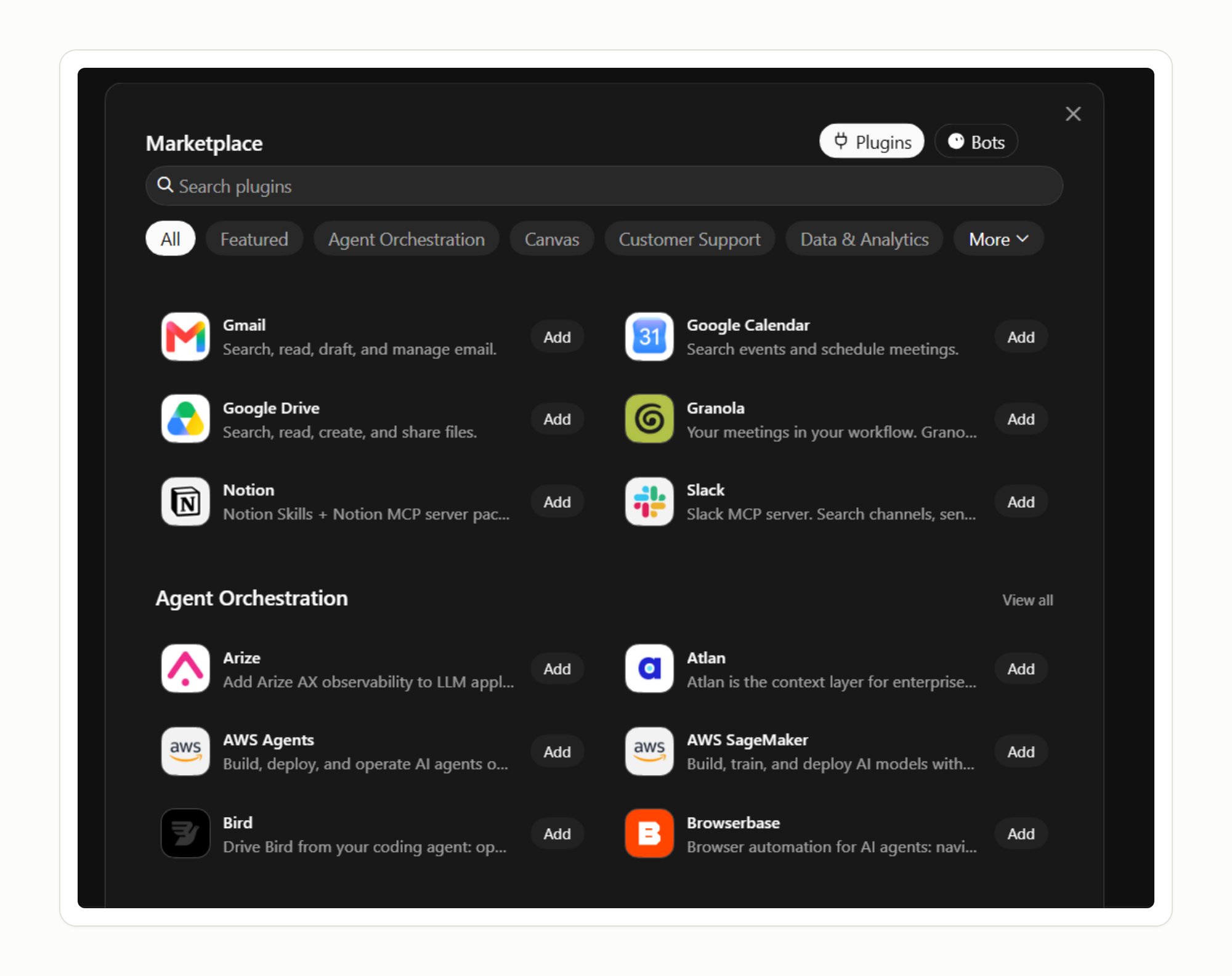 Connect a plugin once and every Bot on the account can use it — you're not reconnecting Gmail for each new one.