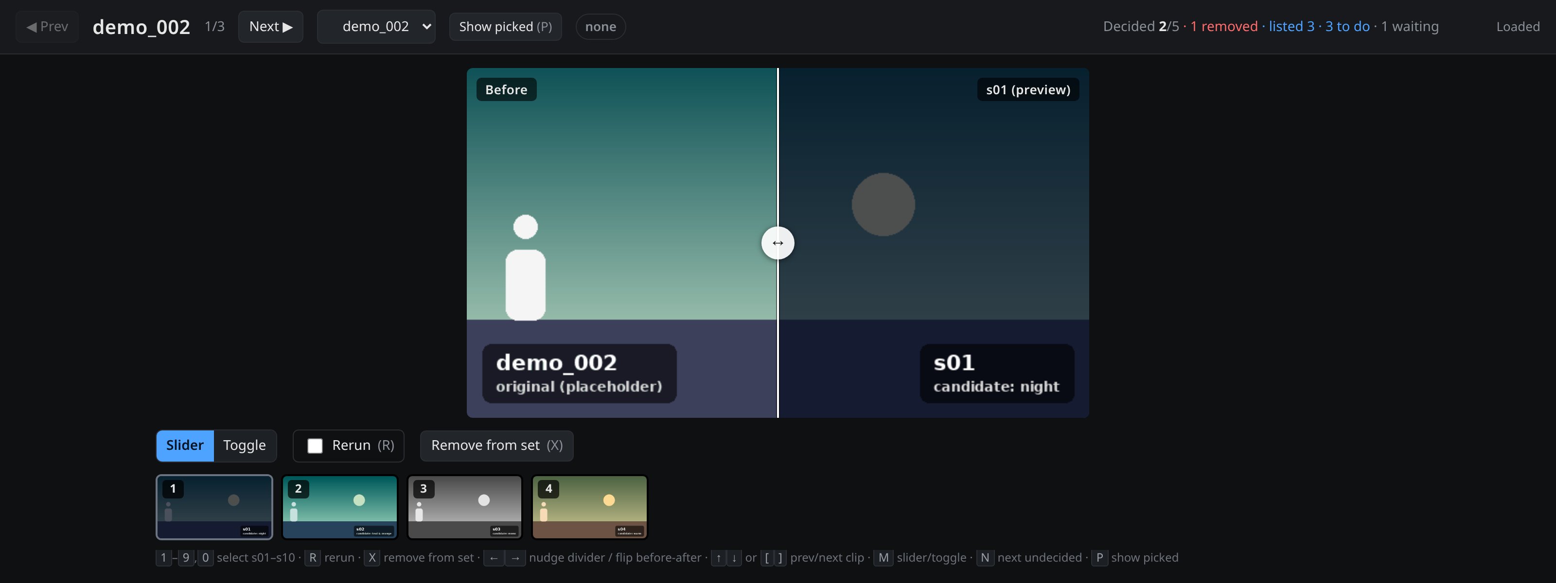 Stills review: compare the original frame with each AI-edited candidate and pick the best.