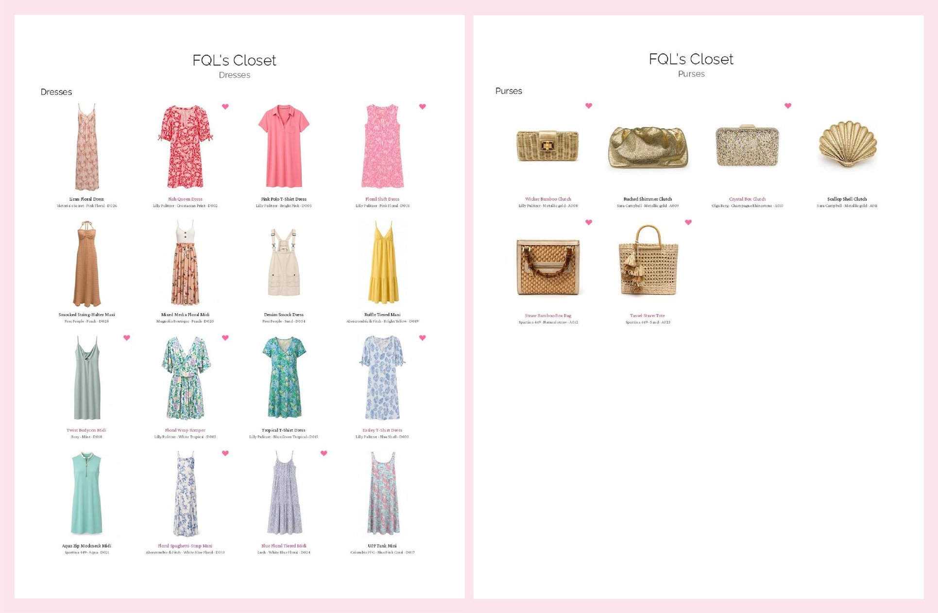 Two pages from FQL's personal Fashion Codex: Dresses and Purses. FQL labels her items with name, brand, color, and SKU. Hearts indicate her favorite items.