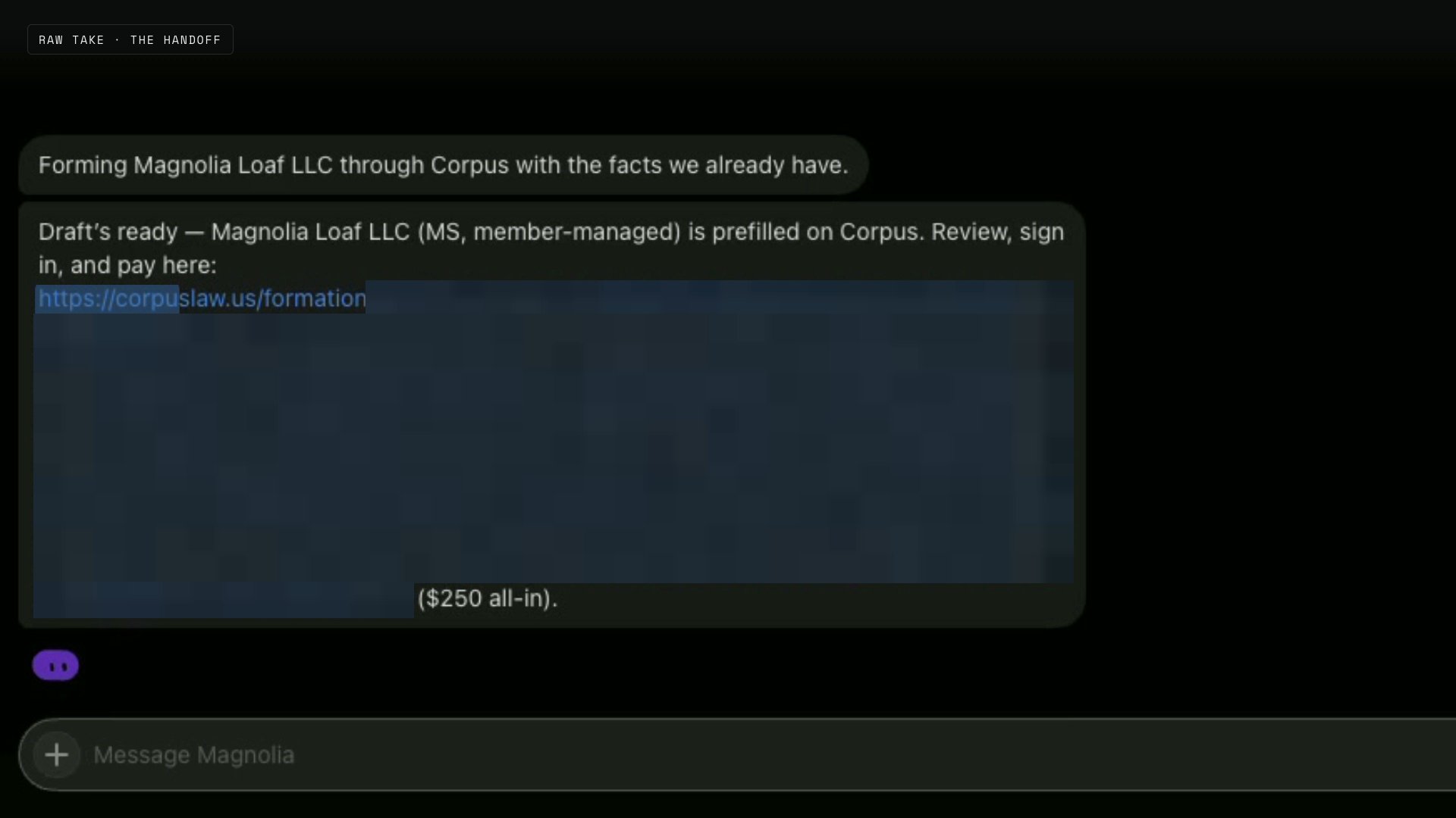 Handoff link to Corpus to finalize and pay