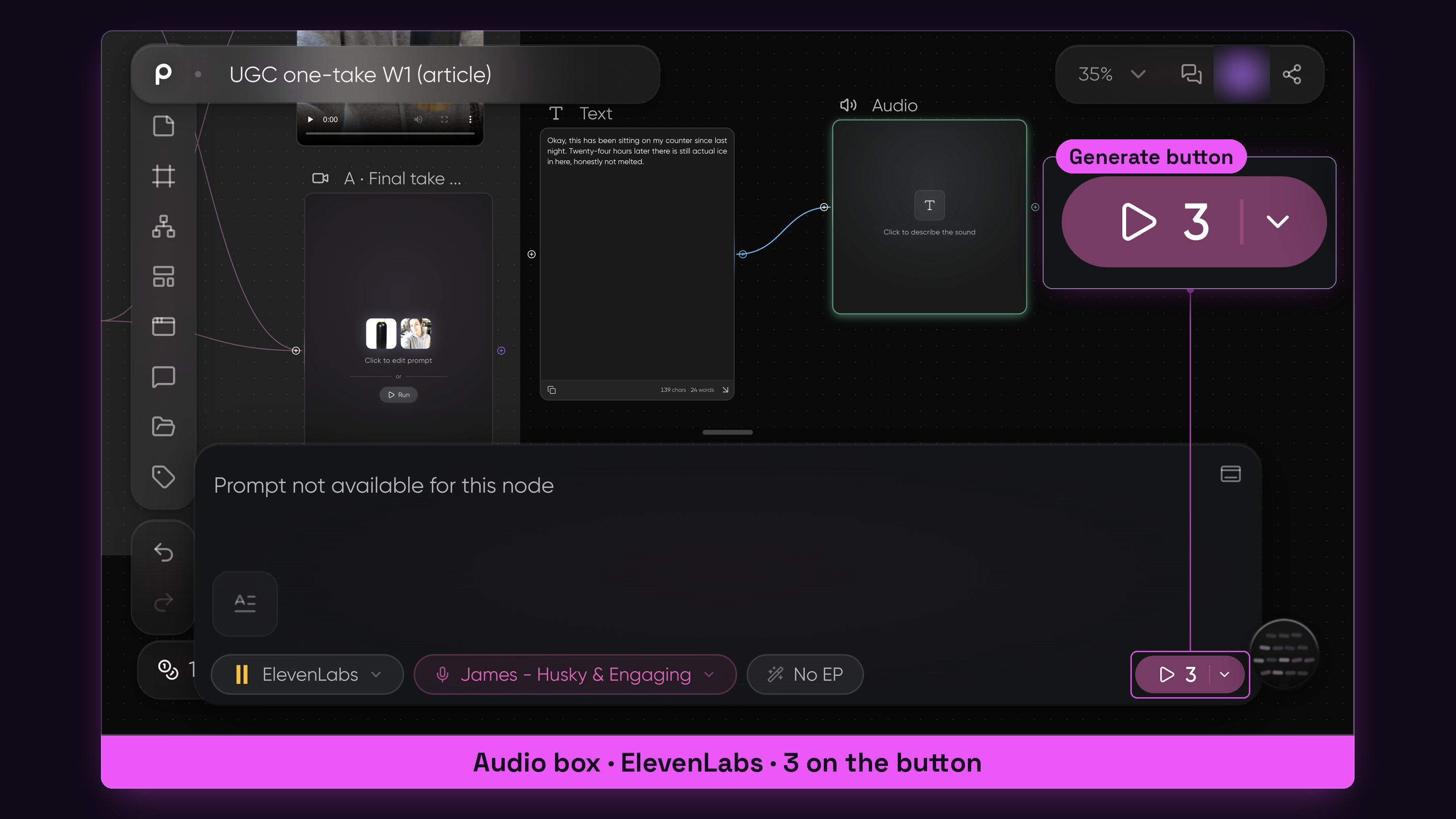 The Audio box with the Text box wired in, and the price of one spoken line on the button.